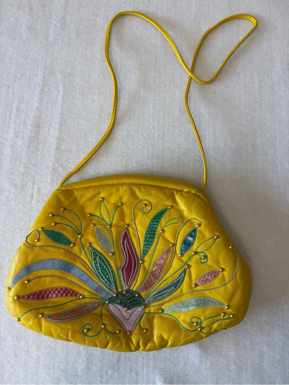 Vintage Yellow Embroidered Floral Leather Crossbody Bag